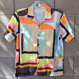 Zara Men's Multicolor Geometric Abstract Print Shirt Artist Smock Size M *as is